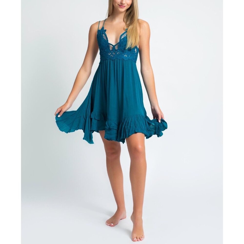 Free People Teal Lace Crochet Trim Ruffled Hem Flowy Casual Boho Slip Dress - Picture 8 of 16